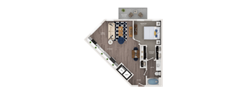 A floor plan of a one bedroom apartment with a living room, kitchen, bathroom, and bedroom.
