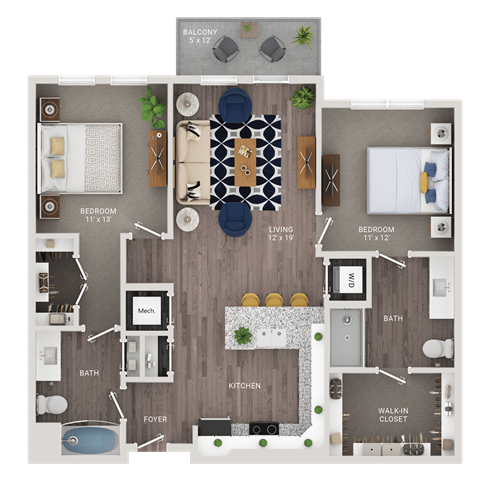 A detailed floor plan of a home layout with labeled rooms and furniture.