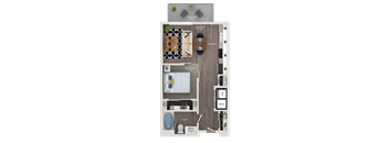 A floor plan of a small apartment with a bedroom, living room, kitchen, and bathroom.