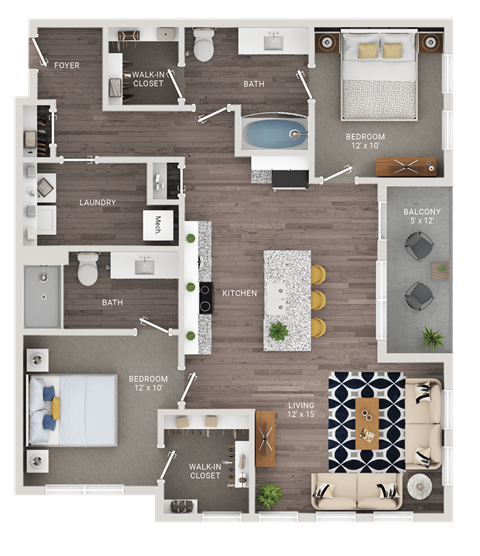 A floor plan of a house with a living room, two bedrooms, a bathroom, a laundry room, and a foyer.