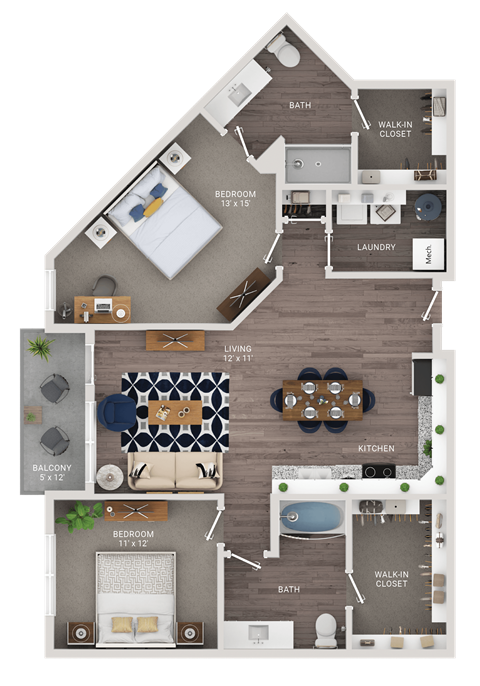 A floor plan of a house with two bedrooms, a living room, a kitchen, a bathroom, a walk-in closet, and a laundry room.