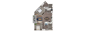 A floor plan of a house with two bedrooms, a living room, a kitchen, a bathroom, a walk-in closet, and a laundry room.