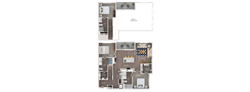 A floor plan of a house with two bedrooms, a living room, a dining room, a kitchen, a bathroom, and a walk-in closet.