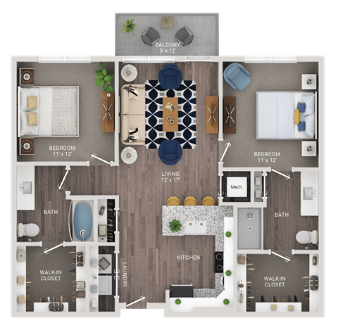 A detailed 3D floor plan of a house layout.
