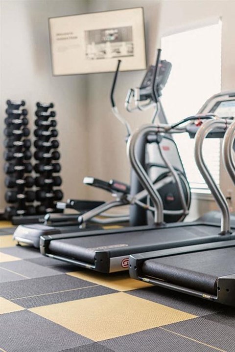 A treadmill and a stationary bike are on a checkered floor.