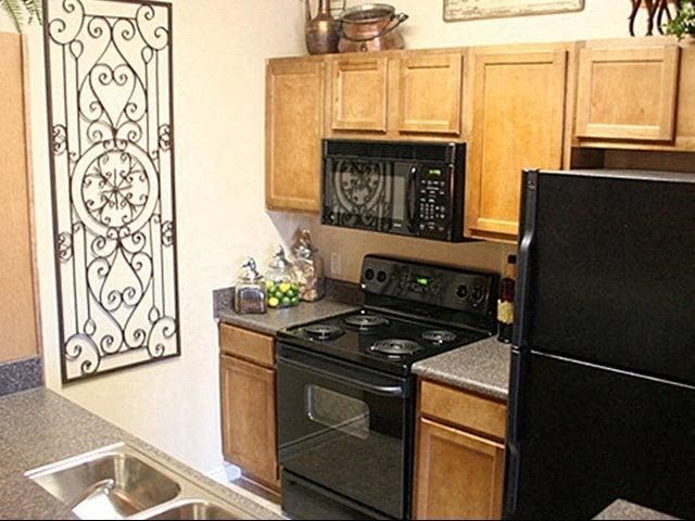 a kitchen with a black stove and a black refrigerator
