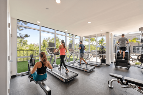 A woman is working out on a treadmill in a gym with other people.