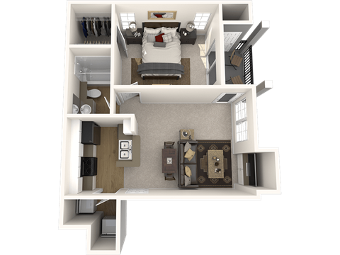 A 3D floor plan of a small apartment with a living room, kitchen, and bathroom.