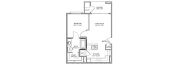 A floor plan of a small apartment with a bedroom, living room, kitchen, bathroom, and closet.