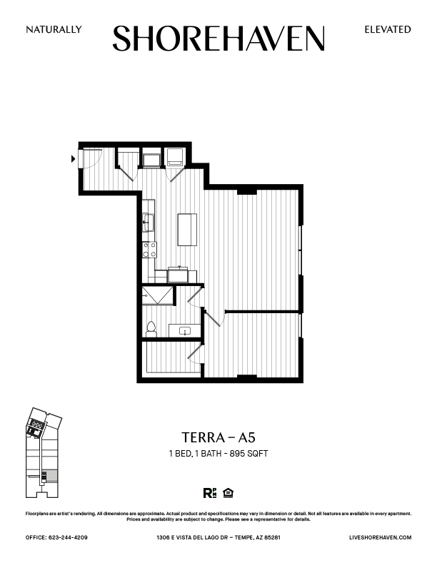 A black and white image of a floor plan for a 1 bedroom, 1 bathroom apartment at Shorehaven.