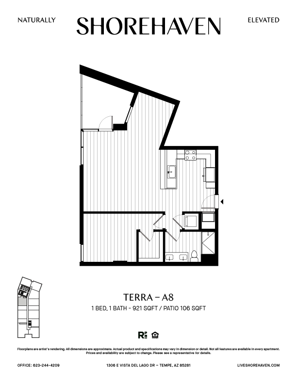 A black and white image of a floor plan for a one bedroom apartment.