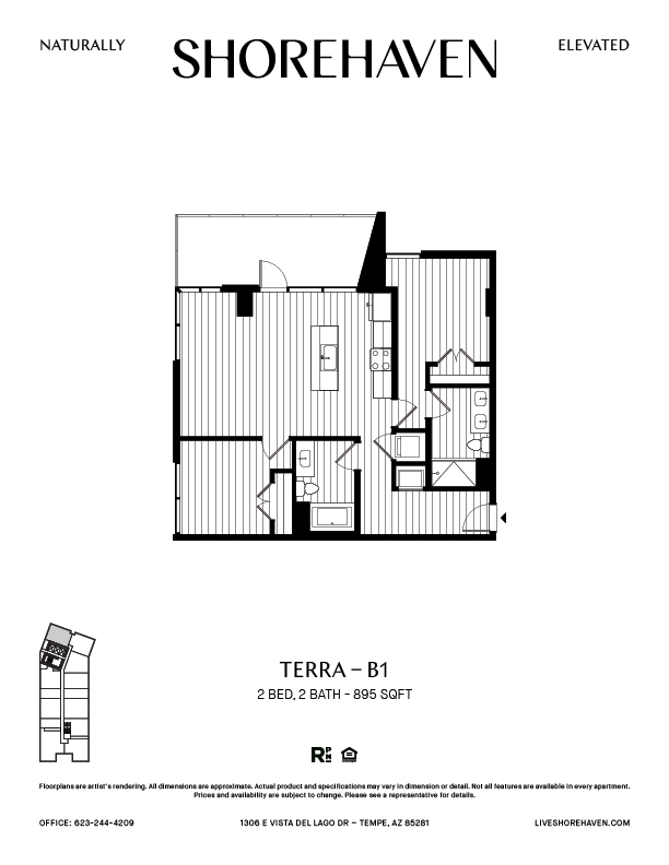 A black and white image of a floor plan for a 2 bedroom, 2 bathroom apartment.
