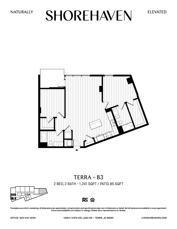 A black and white image of a floor plan for a property called Shorehaven.