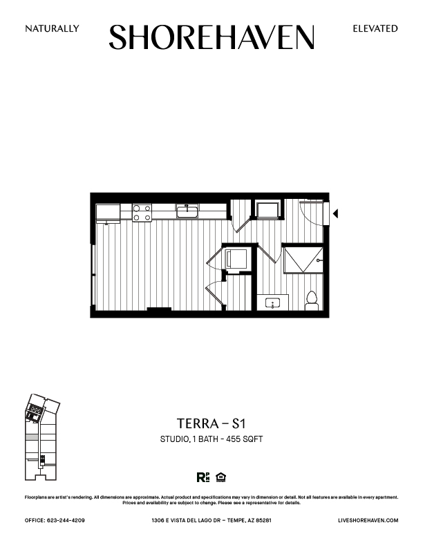 A black and white image of a floor plan for a studio apartment.