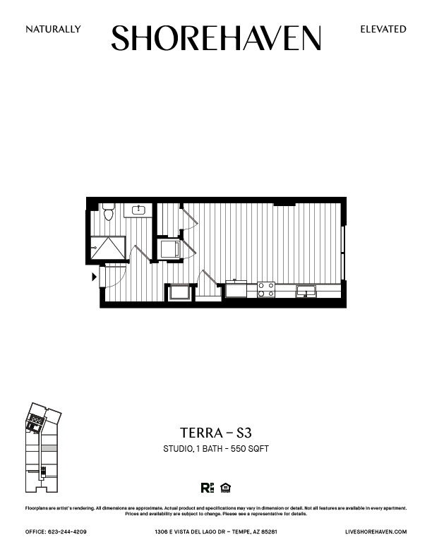 A black and white image of a floor plan for a property called Shorehaven.
