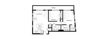 A black and white floor plan of a house with a living room, dining room, kitchen, and three bedrooms.