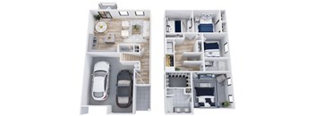 two layouts of a house and a car in a floor plan