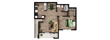 A top-down view of a house layout with a kitchen, living room, and bathroom.
