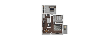A 3D rendered image of a house layout.