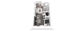 A floor plan of a small apartment with a kitchen, living room, and bathroom.