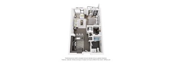 A floor plan of a small apartment with a kitchen, living room, and bedroom.