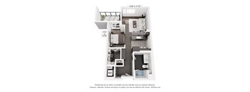 A floor plan of a small apartment with a kitchen, living room, and bathroom.