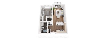 A 3D floor plan of a small apartment with a kitchen, living room, and bathroom.