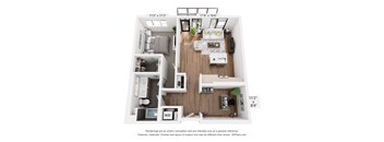A floor plan of a small apartment with a kitchen, living room, and bedroom.