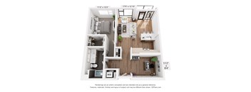A floor plan of a small apartment with a kitchen, living room, and two bedrooms.