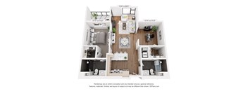 A 3D floor plan of a house with a living room, dining room, kitchen, and two bedrooms.