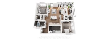 A 3D floor plan of a two-bedroom apartment with dimensions and a disclaimer.