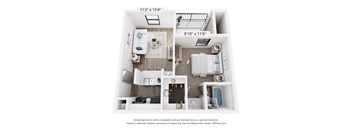 A 3D floor plan of a small apartment with a kitchen, living room, and bathroom.