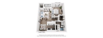 A 3D floor plan of a small apartment with a kitchen, living room, and bedroom.