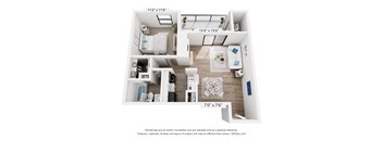 A 3D floor plan of a small apartment with a kitchen, living room, and bathroom.