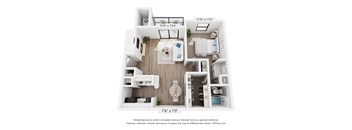 A 3D floor plan of a small apartment with a kitchen, living room, and bathroom.