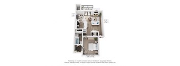 A 3D floor plan of a small apartment with a kitchen, living room, and bathroom.