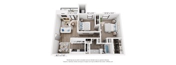 A 3D floor plan of a small apartment with a living room, kitchen, and two bedrooms.
