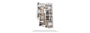 A floor plan of a small apartment with a kitchen, living room, and two bedrooms.