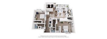 A 3D floor plan of a small apartment with a kitchen, living room, and bedroom.