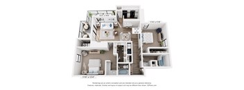A 3D floor plan of a small apartment with a kitchen, living room, and bedroom.