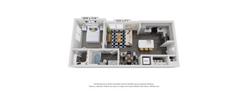 a stylized 3d floor plan with a bedroom and a living room