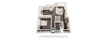 A floor plan of a small apartment with a kitchen, living room, and bathroom.