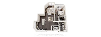 A 3D floor plan of a house with a kitchen, living room, and bathroom.