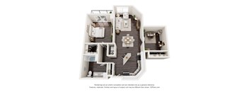 A 3D floor plan of a house with a kitchen, living room, dining room, and bedrooms.