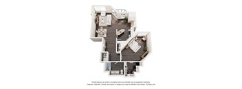 A 3D floor plan of a house with a kitchen, living room, dining room, and two bedrooms.