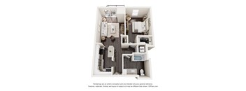 A 3D floor plan of a small apartment with a kitchen, living room, and bathroom.