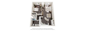 A 3D floor plan of a small apartment with two bedrooms, a living room, a kitchen, and a bathroom.