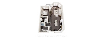 A 3D floor plan of a small apartment with a kitchen, living room, and bathroom.