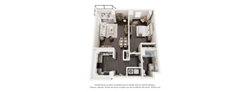 A 3D floor plan of a house with a kitchen, living room, and bathroom.
