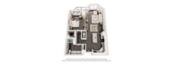 A 3D floor plan of a small apartment with a kitchen, living room, and two bedrooms.